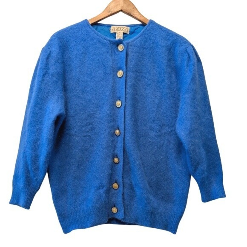 Aziza Vintage Angora Rabbit Hair Cardigan Sweater Blue Fuzzy Lined Medium‎